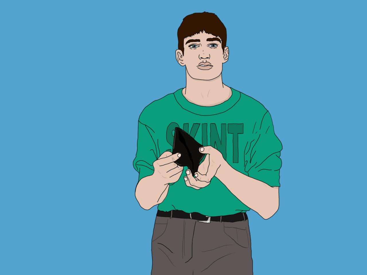 An illustration of a man wearing a T-shirt that says 