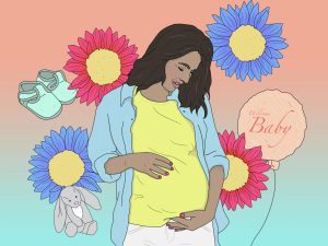 Illustration of a woman holding her baby bump, with flowers a pair of children